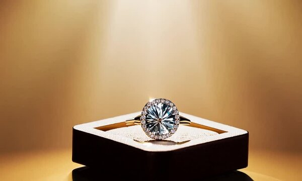 An open gift box revealing a sparkling diamond ring.