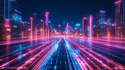 Futuristic Cityscape with Neon Lights and Digital Data Flowing Through the Streets