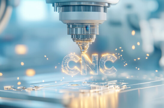 3D illustration of CNC machine carving a logo with precision