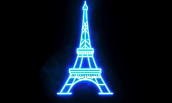 Glowing neon Eiffel Tower icon on black background