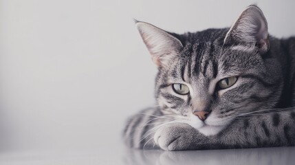 Obraz premium A serene tabby cat resting peacefully on a clean surface, showcasing its beautiful fur and captivating eyes.