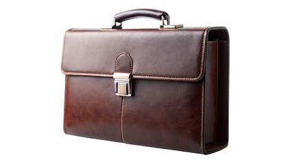 Elegant leather briefcase with a sturdy clasp and smooth finish, set against a transparent background. Classic brown color and refined stitching suggest quality, craftsmanship, and durability