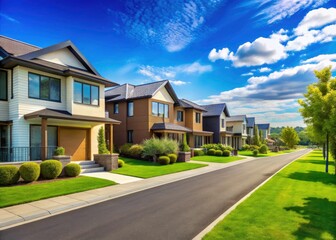 Modern Urban Homes with Lush Lawns and Clear Blue Sky - Urban Exploration Photography
