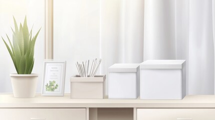 A serene workspace scene featuring a potted plant, storage boxes, and decorative frame against light curtains.