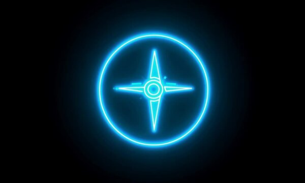 Glowing neon compas icon on black background
