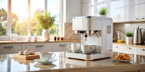 Modern White Fully Automatic Coffee Machine in Stylish Kitchen Setting â€“ Sleek Design and Rich Coffee Aroma Captured in Bright Natural Light