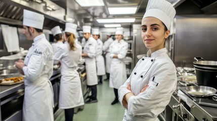 A skilled chef confidently oversees a bustling kitchen, showcasing culinary excellence and teamwork in action.