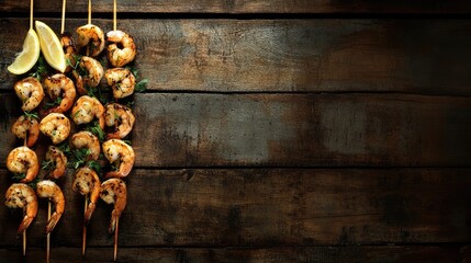 Grilled Shrimp Skewers with Lemon on Wooden Background