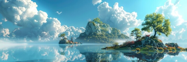 Fantasy Landscape. 3D Rendering of Surreal Nature Illustration with Dreamy Cloud Background