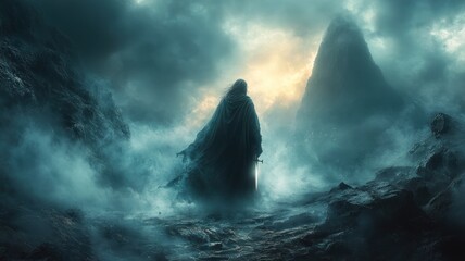 A cloaked figure stands amidst a mystical, foggy landscape.