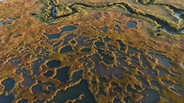Aerial view over the rugged landscape of the great salt marsh at cape cod at sunrise.