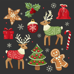 Christmas collection with traditional Christmas and New Year elements reindeer, gingerbread, Christmas tree, present, lollipop, gift bag Brightly coloured vector style stickers