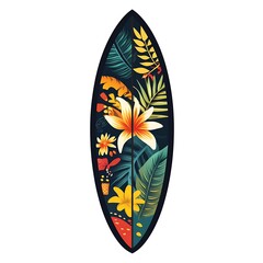 Cartoon surfboard with tropical patterns and beach elements around on a white background.