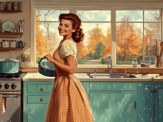 Smiling housewife in her kitchen retro style vintage colors