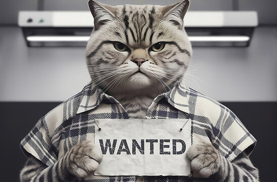 Arr&ecirc;tez ce chat! Le chat le plus recherch&eacute;, prisonnier &agrave; moustaches et sa pancarte "Wanted" - Wanted tabby cat holding prisoner sign