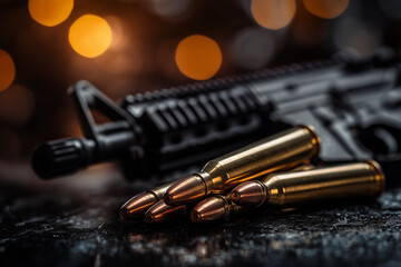 Assault rifle and scattered bullets on the dark table background...