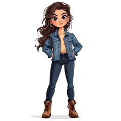 Fototapeta premium Cartoon girl in a denim jacket and boots on a white background.