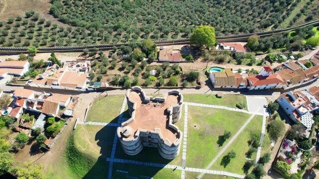 Descending over Evoramonte castle revealing the landscape .Built on one of the highest points of the Ossa mountain range, in the centre of the town, from the top of its walls. Estremoz.Portugal