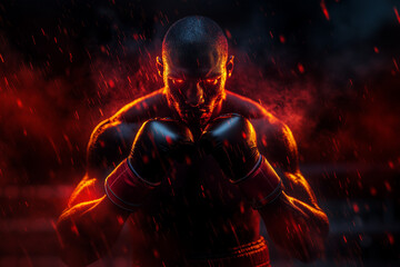 Fototapeta premium Fierce muscular man boxer posing in boxing gloves on dark fire flame background.