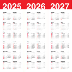 2025 2026 2027 year calendar vector design template