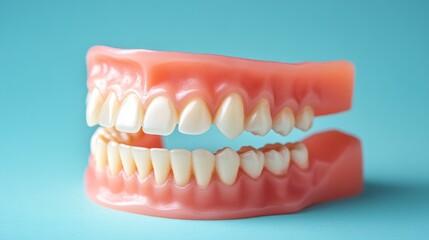 Fototapeta premium A realistic model of dental implants illustrates both upper and lower jaws, highlighting the structure and alignment of artificial teeth for educational use