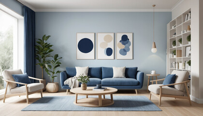 Japandi Minimalist Interior with Blue Art and Modern Blue Sofa in a Stylish Living Room.  