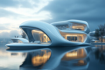 Obraz premium Futuristic floating houses of the future on the water surface background.
