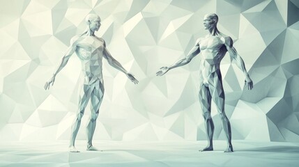 Abstract figures represent human connection and communication in a modern, geometric environment.