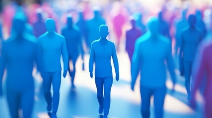 Abstract representation of a crowd walking, featuring stylized human figures in vibrant blue and pink tones, evoking energy and movement.