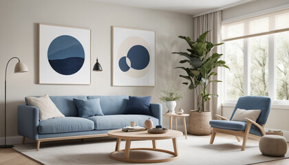 Fototapeta premium Japandi Minimalist Interior with Blue Art and Modern Blue Sofa in a Stylish Living Room. 