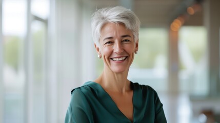 Confident French businesswoman with a bright smile in a modern office environment