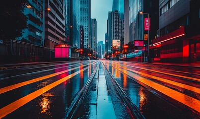 Fototapeta premium A vibrant urban street scene reflecting rain-soaked pavement and illuminated buildings.
