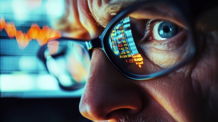 Close-up of a thoughtful male analyst studying financial data reflected in glasses.