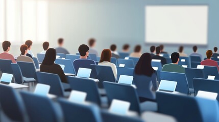 Obraz premium Audience in a conference room attentively listening to a presentation on a large screen, fostering engagement and discussion.