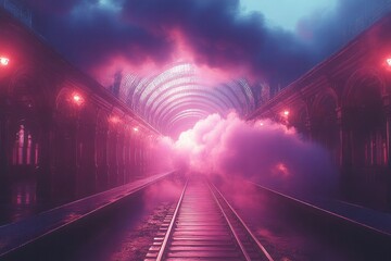 Vintage train station with glowing lights and steam billowing