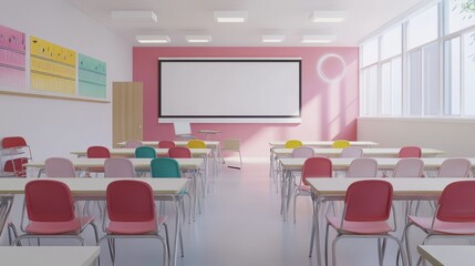Bright and modern classroom with colorful furniture, large windows, and a smart board, perfect for teaching and learning activities.