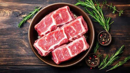 Fresh Raw Beef Cuts with Herbs on Wooden Surface