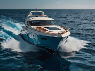 a luxury yacht slicing through the blue waves.
