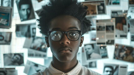 African-American teenager's face engulfed by multiple screens, symbolizing digital overload and technology dependency. Reflects modern youth culture and constant connectivity