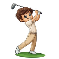 A cartoon golfer swinging a golf club on a white background.