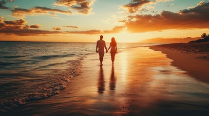Fototapeta premium Couple Walking Hand in Hand on a Beach at Sunset