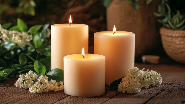 A serene arrangement of three ivory candles, beautifully arranged amidst delicate white flowers, suggesting peacefulness, purity, and natural elegance in home decor. - Powered by Adobe