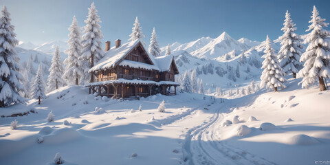 Fototapeta premium Cozy Winter Cabin Nestled in a Pristine Snowy Landscape2