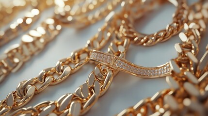 Close-up of luxurious gold chain jewelry showcasing intricate designs and shimmering details, perfect for fashion and lifestyle themes.
