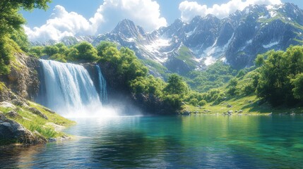 Serene waterfall cascading into a tranquil lake surrounded by mountains.