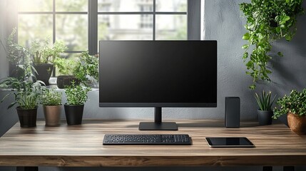 Fototapeta premium A sleek, modern workspace showcasing a computer, keyboard, smartphone, and vibrant green plants, symbolizing productivity and a harmonious work environment.