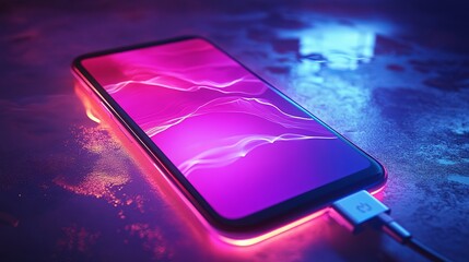 A state-of-the-art smartphone resting on a surface emanating neon lights and bold colors, portraying advanced technology fused with modern design aesthetics.