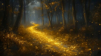 Fototapeta premium A Golden Path Through a Dark and Enchanted Forest