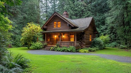 A quaint log cabin surrounded by lush greenery with warm interior lights glowing, creating a cozy and inviting atmosphere amidst a serene forest landscape.