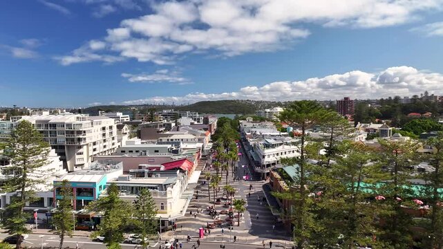 The Corso Main Streets And A Pedestrian Mall In Manly, New South Wales, Australia. Aerial Drone Shot